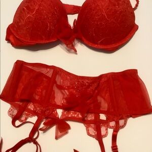 Red push up padded bra 36b and garter belt m/L with rhinestones. Victoria Secre